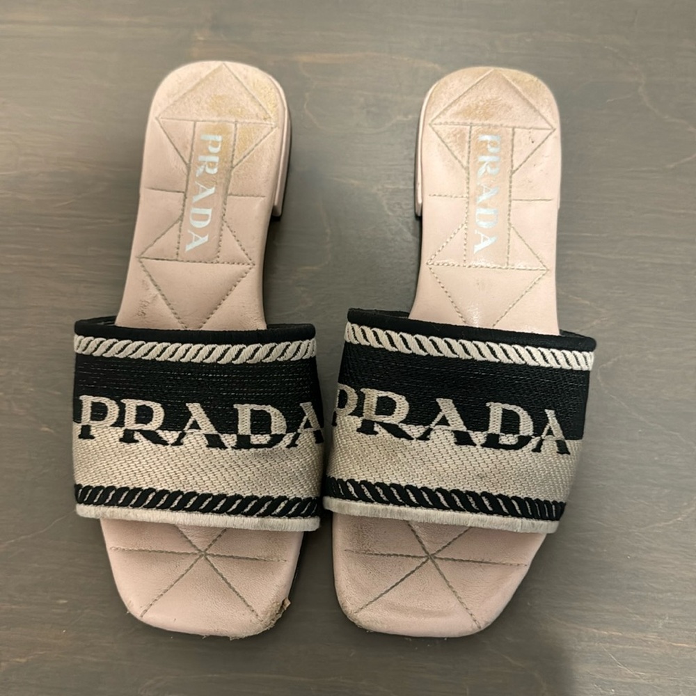 Prada Logo Embroidered Slide Sandals